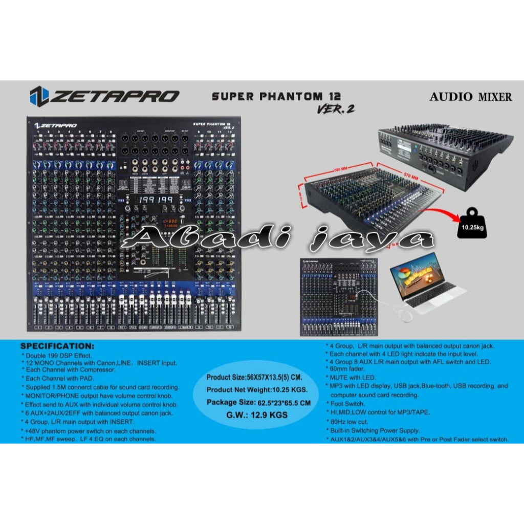 Mixer 12 Channel ZETAPRO SUPER PHANTOM 12 VER.2 / VER 2 Double Effect Original