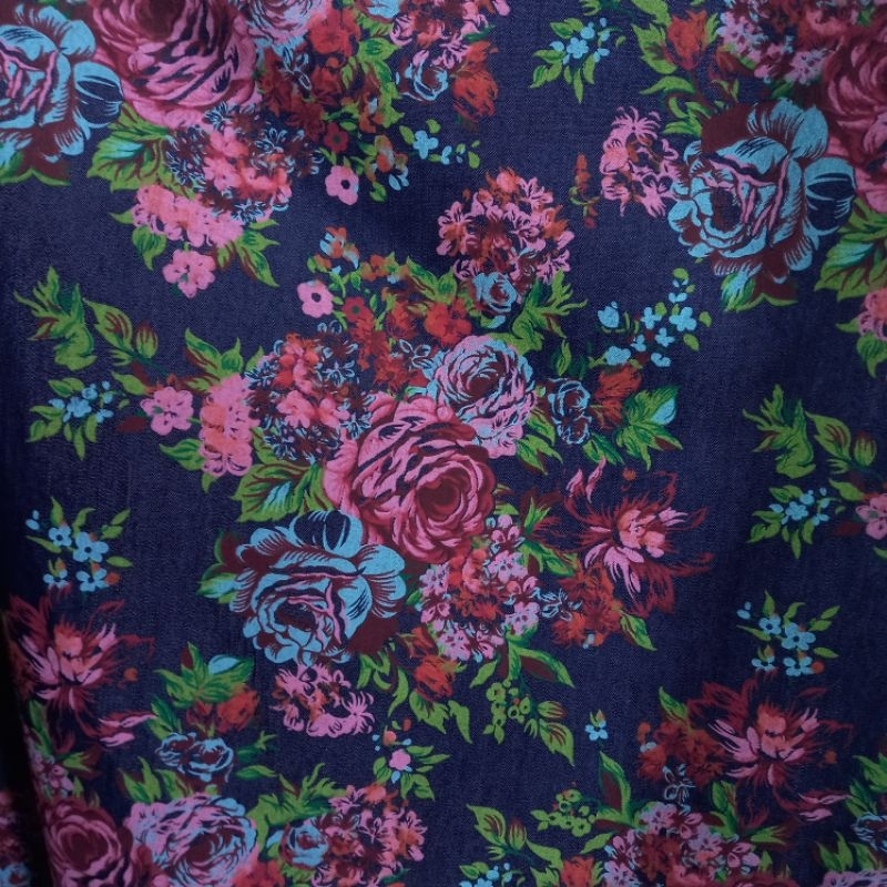 1/2 meter Kain Denim | Bahan Denim | Kain Meteran | Denim Motif Bunga | Bahan Import