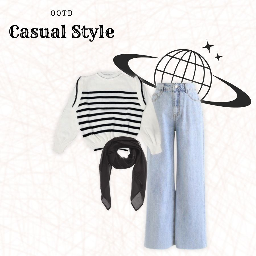 OOTD Casual Style- 3in1 Outfit Simpel (Celana Jeans Kulot, Puff Knit top, Hijab Segiempat)