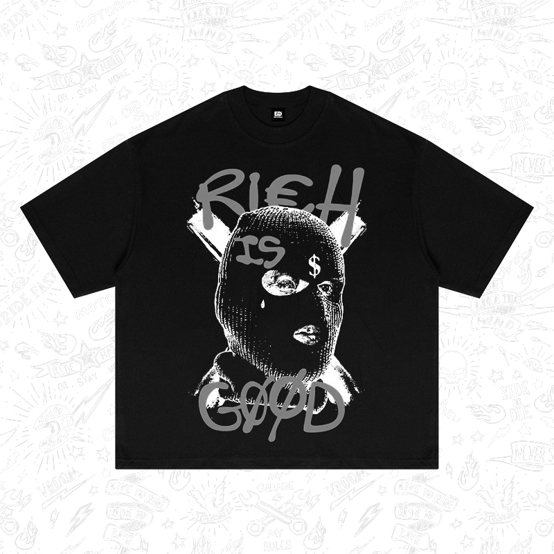 Kaos Hitam "RIDER MOTOR" - Desain Grafiti Retro dengan Teks Bold & Simbol Dollar Streetwear Trendy