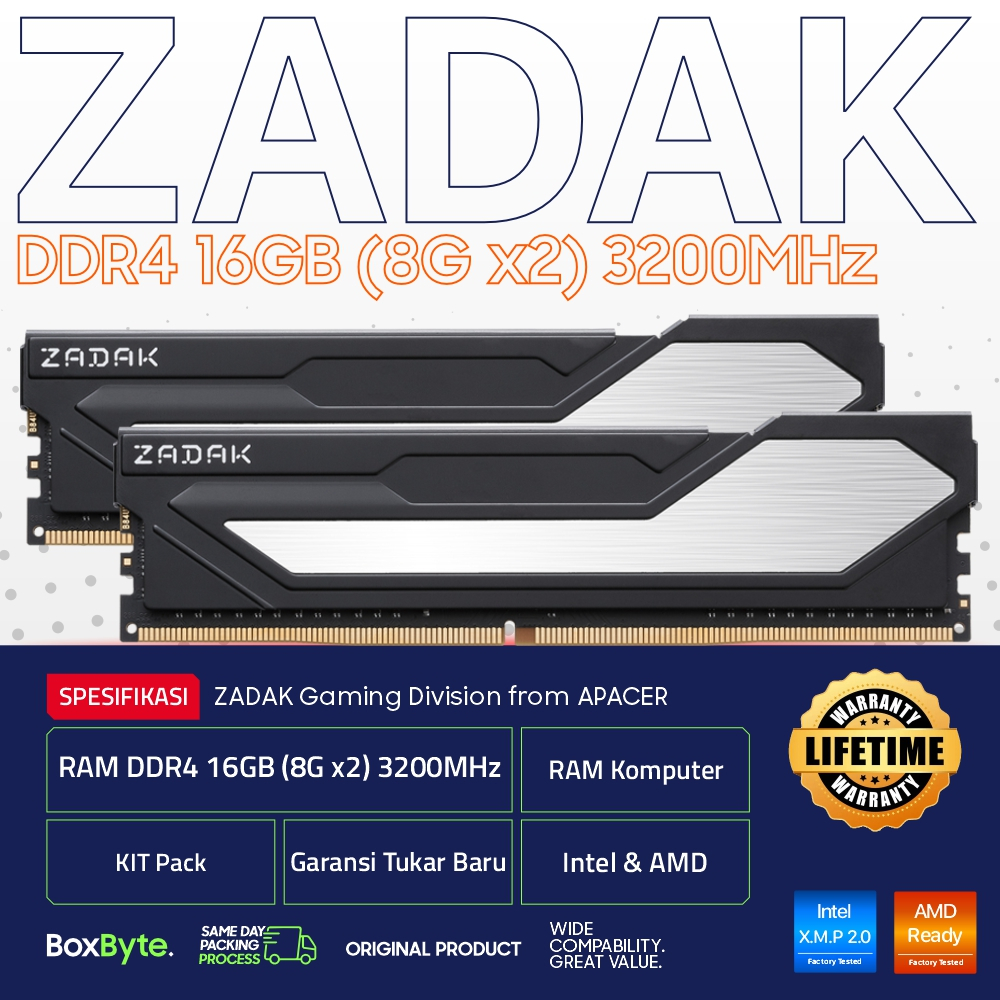 RAM DDR4 16GB (8GB x2) KIT 3200MHz ZADAK Twist RAM KOMPUTER  / RAM LONGDIMM INTEL AMD DDR4