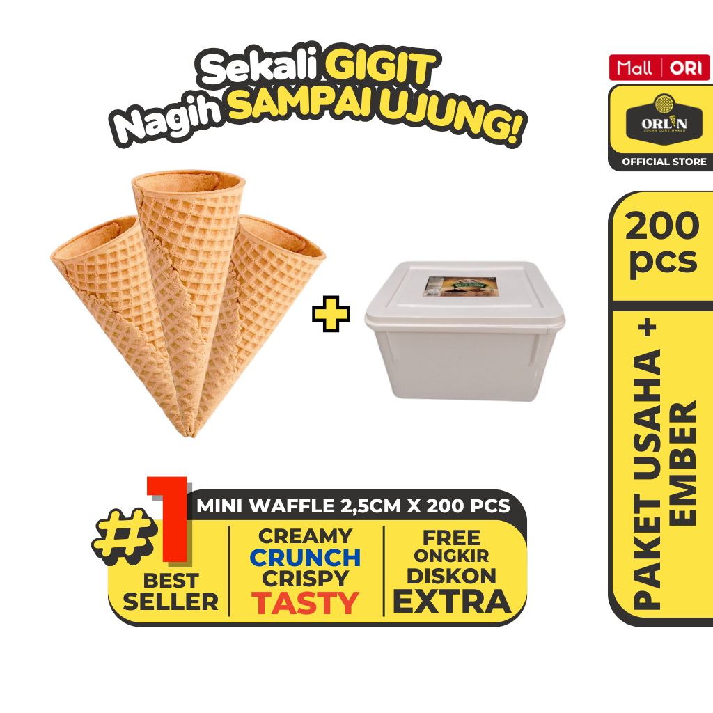 

ORLIN Paket Usaha Mini Waffle Cone Ice Cream 200pcs+Ember/Box Campina