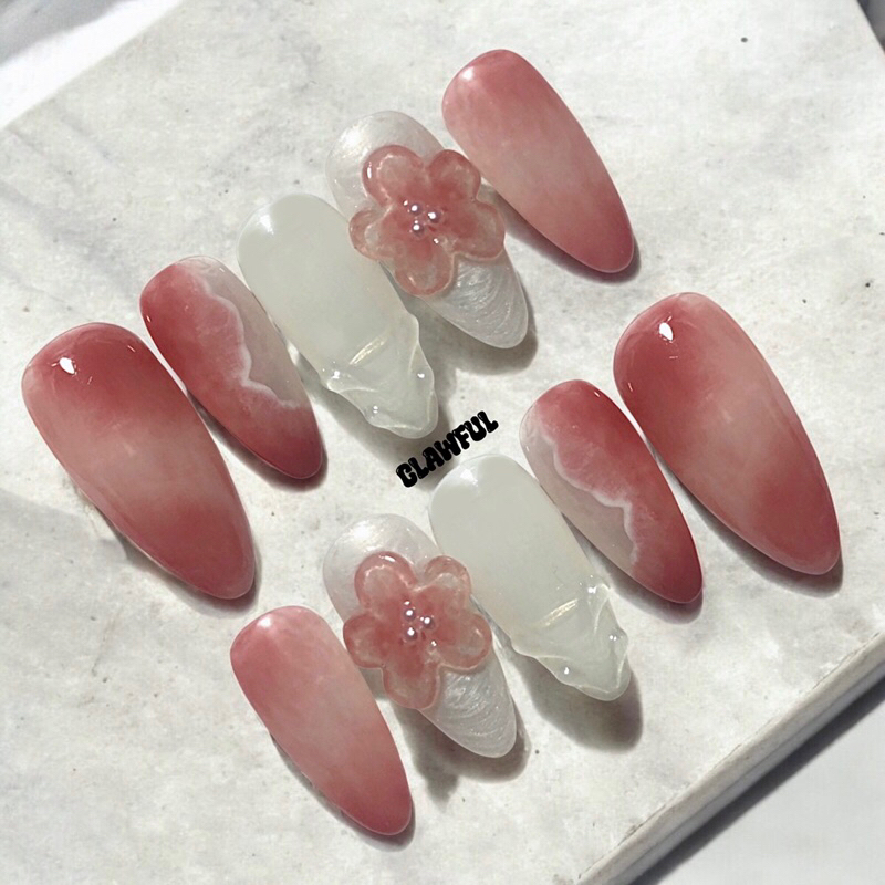 Press On Nails jelly pink 3D flower kode 02