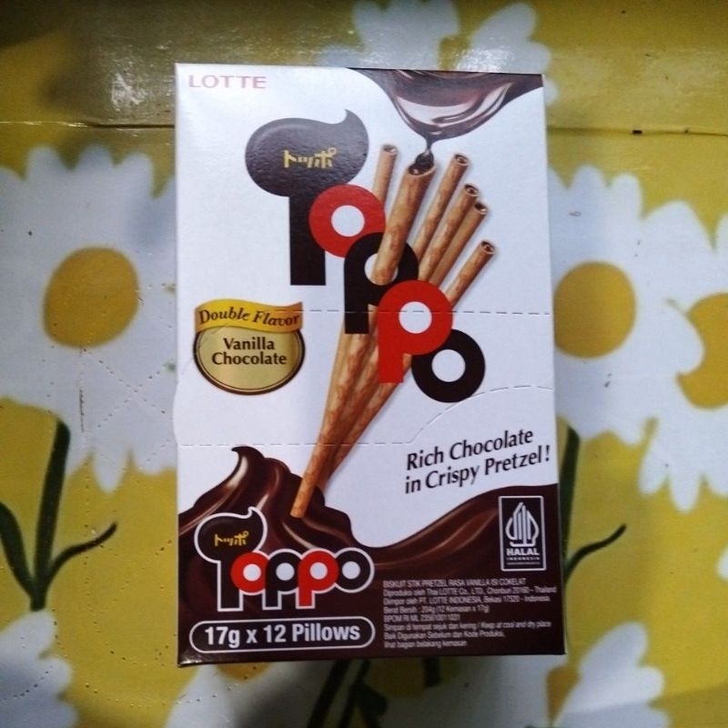 

Toppo biskuit stik pretzel rasa vanilla isi coklat dan rasa cokelat isi coklat