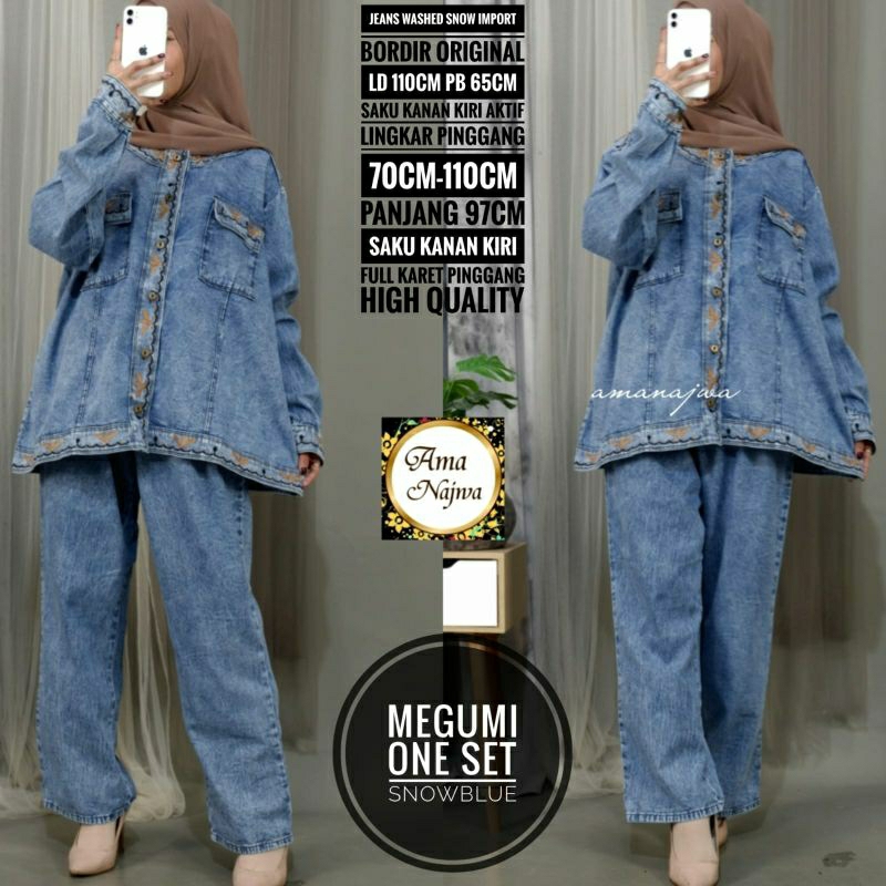 Jumbo Megumi Ld 110 Setelan Jeans wanita One set Baju + celana Setcel muslim / Amanajwa