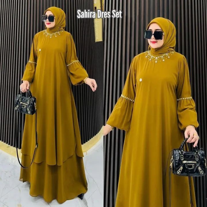 Syiira Set Dress - Gamis Polosan Bahan Ceruty Non Busui Lengan Balon Pesta Mewah