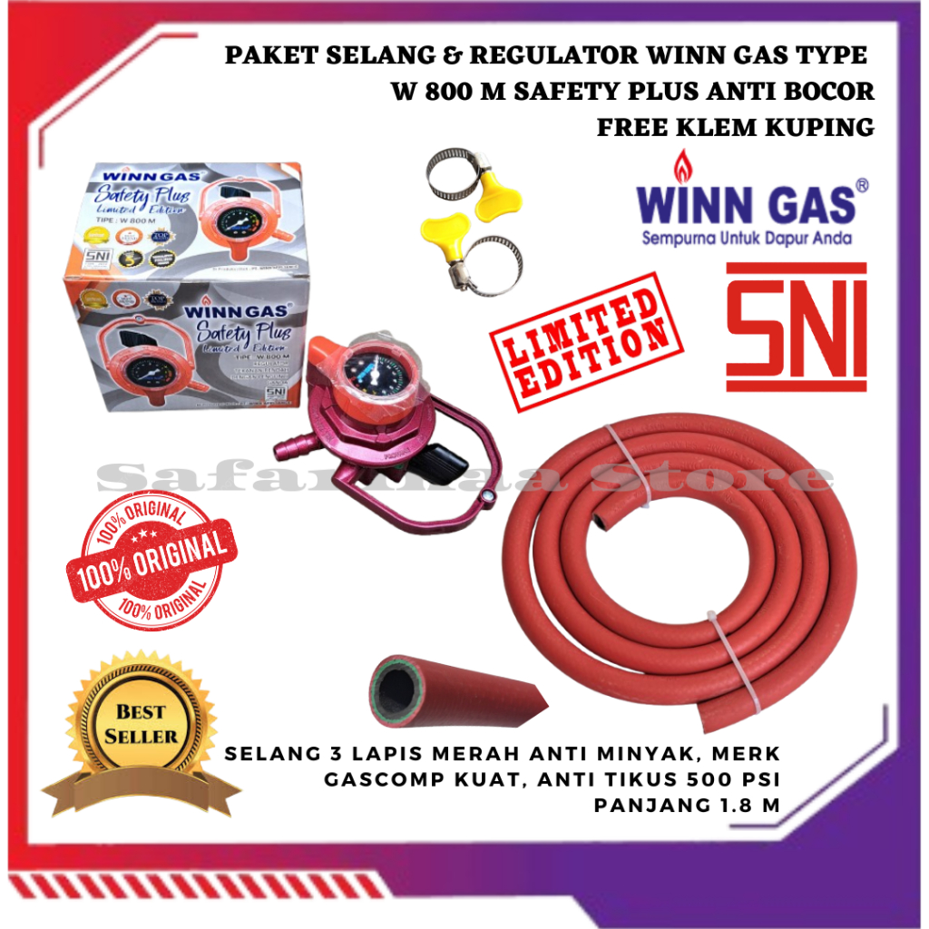 REGULATOR ANTI BOCOR KOMPOR GAS LPG WINN GAS W 800 METER SAFETY PLUS  SET SELANG MERAH TEBAL 500 PSI