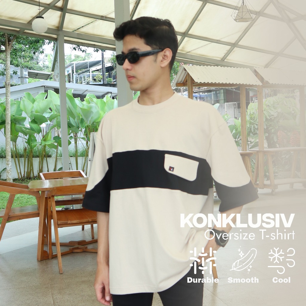 Konklusiv Kaos Oversize Pria Cotton 20s Krem Hitam Pocket Style