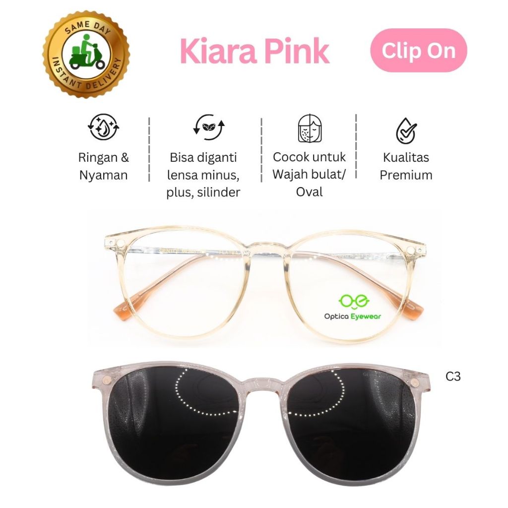 Promo Frame Kacamata CLIP ON KIARA PINK C3, Lensa minus, plus, silinder, progresif, kualitas optik t