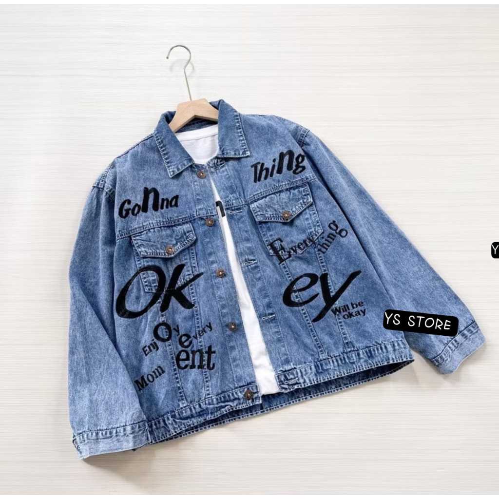 COD - Jaket Jeans Wanita Dewasa Bordir Okey Oversize - Jaket Wanita Jumbo