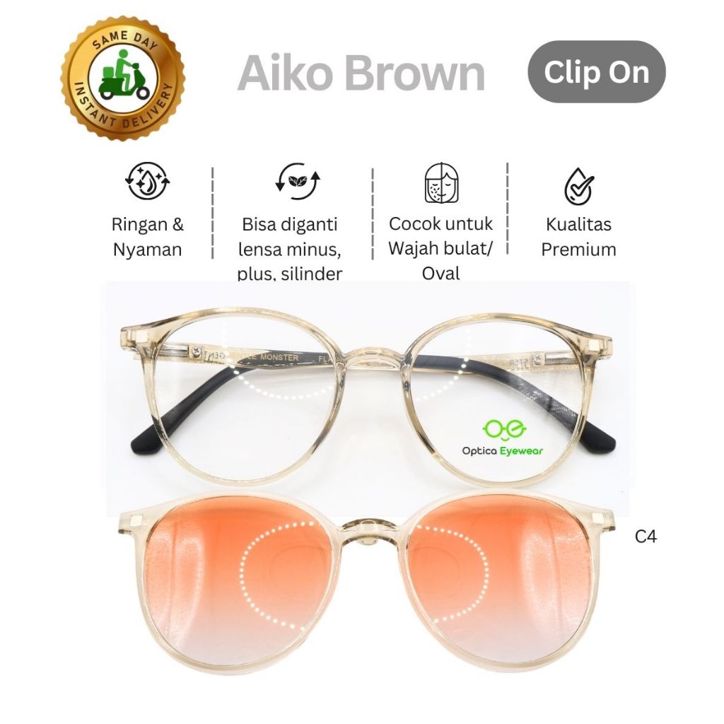 Promo Frame Kacamata AIKO BROWN C4, Lensa minus, plus, silinder, progresif, kualitas optik terbaik, 