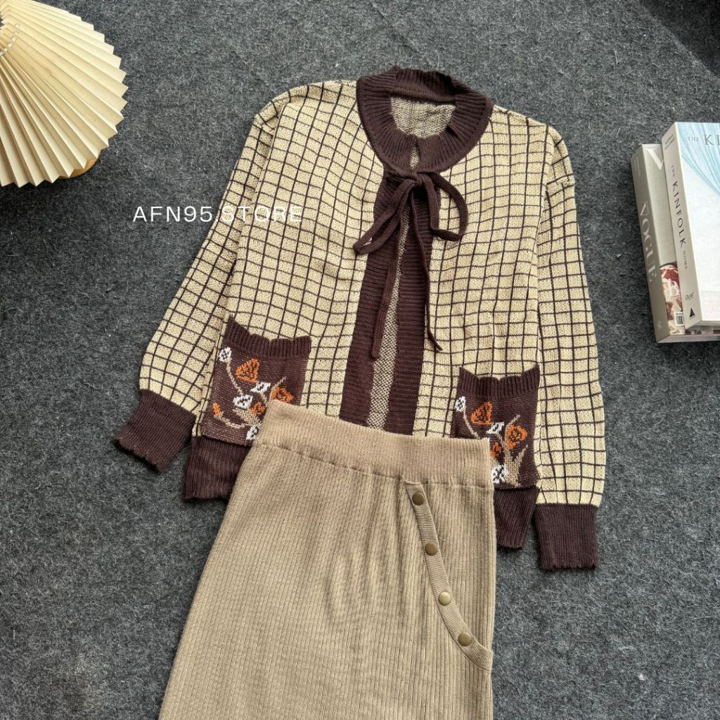 ONE SET AMEL CARDIGAN RAJUT PITA MOTIF KOTAK - CARDY AMEL BUNGA SAKU LENGAN PANJANG KOREA