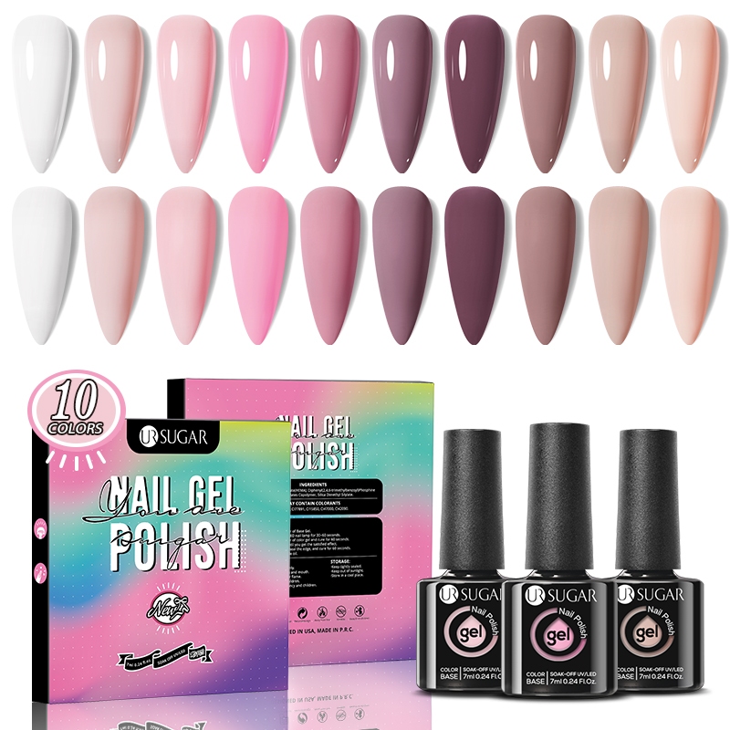 UR SUGAR Kutek Gel Set Brown Warna 10 Colour Nail Gel Polish Set UV LED Gel Polish Set Nude Kuku Nai