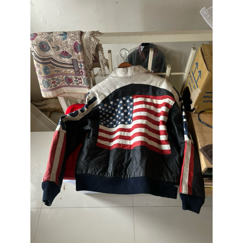 Leather Jacket American Flag USA