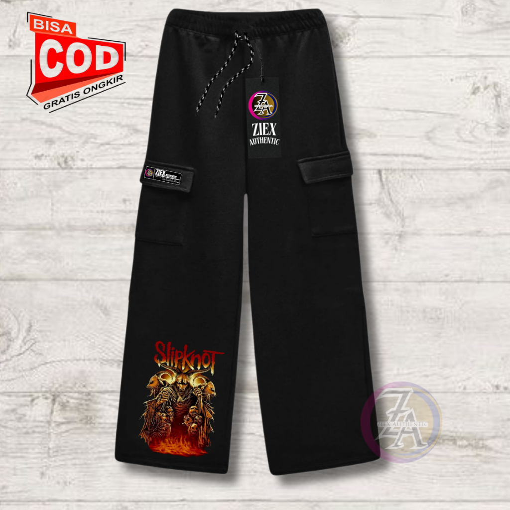 Celana panjang Pria Cargo Bahan Fleece Long Pants Motif, Api Menyala, Boneka, Tengkorak Kombinasi Te