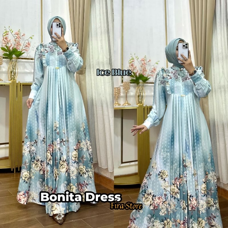 Dress Bonita - Gamis Muslimah - Bahan Matt marbella printing - Busui dan Wudhu friendly