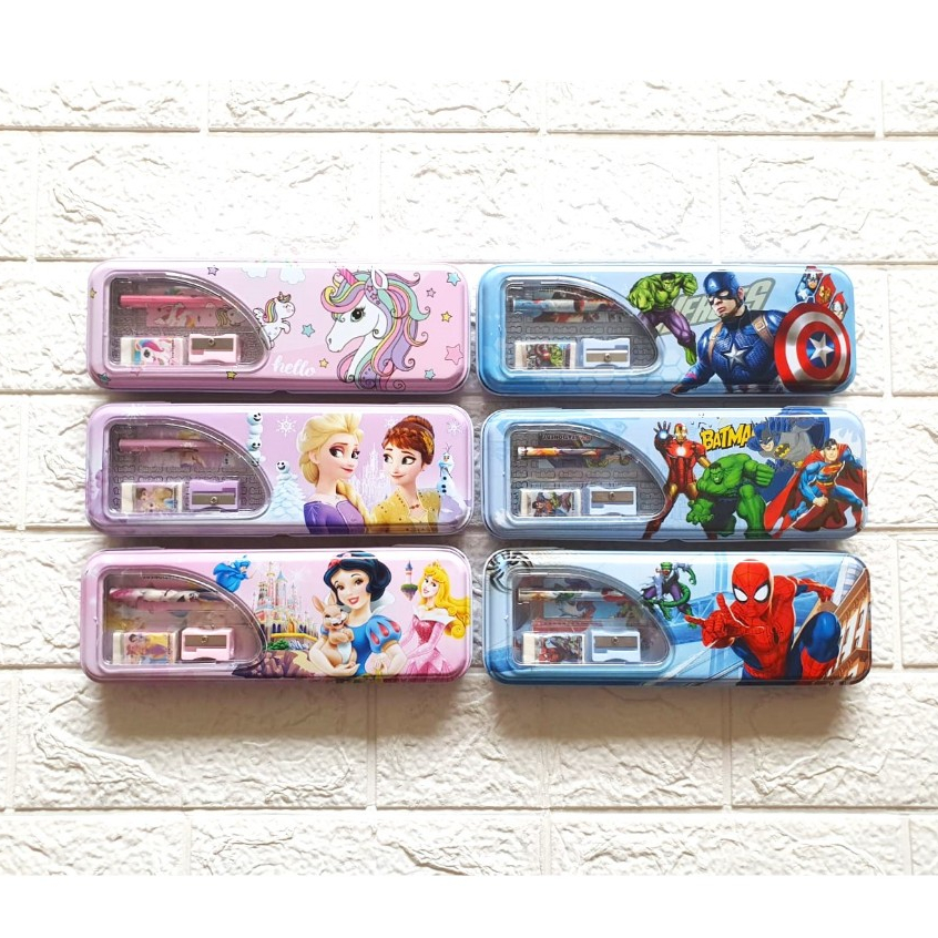 

Kotak Pensil Kaleng + Isi Set Karakter / Pencil Case/Tempat Pensil Set Lengkap