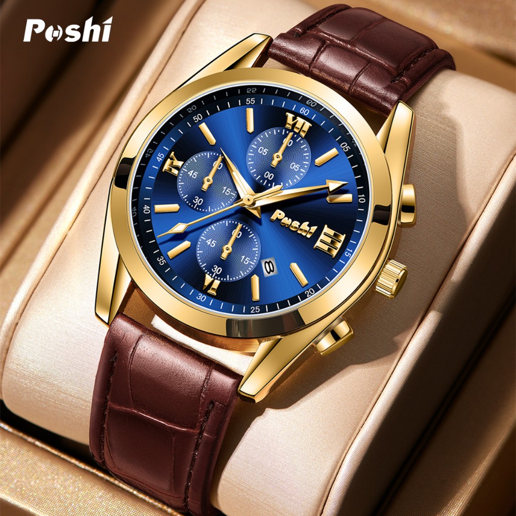 Jam Tangan Pria Kulit POSHI PS926 Kuarsa Olahraga Fashion Bisnis Santai dengan Fitur Kalender - Watc
