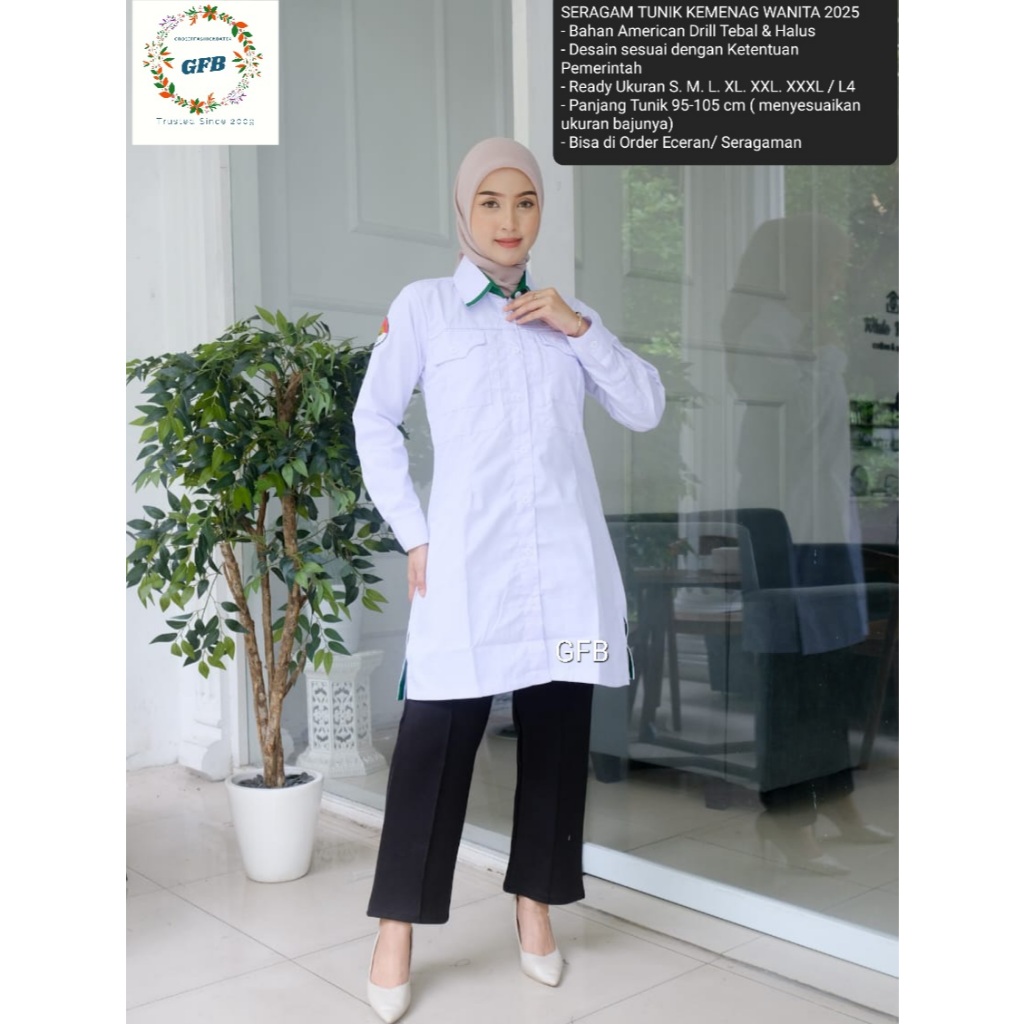 Saless Tunik Kemenag Putih Wanita Lengan Panjang / Baju Wanita Asn Putih / Tunik Pdh Wanita Putih