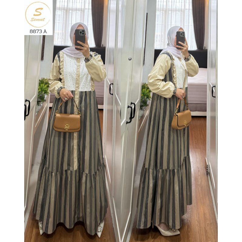 SYAINA 8873 by SEMUT | Gamis katun linen | Maxi dress motif premium