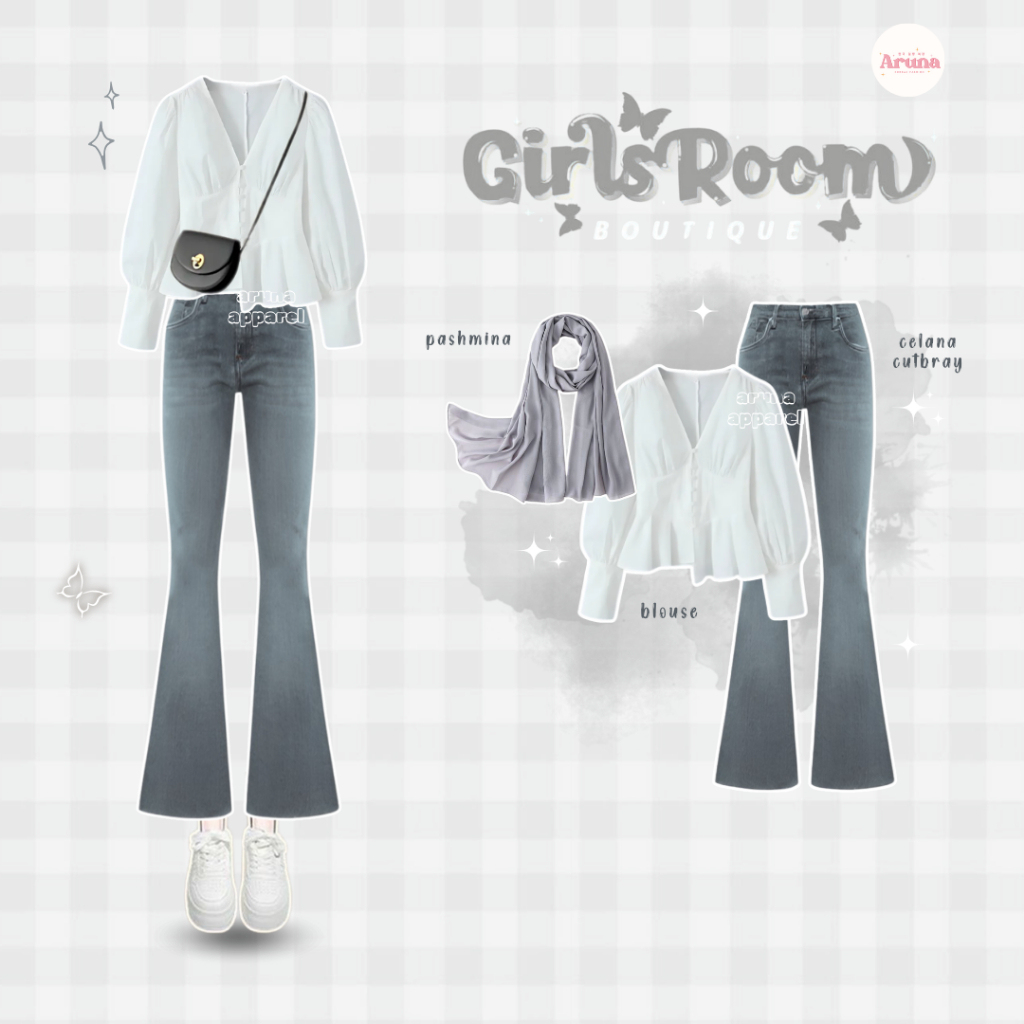 Aruna - 3in1 Setelan Wanita Kekinian (Hijab, Blouse, Cutbray) Outfit Korean Look Remaja Kece Terbaru