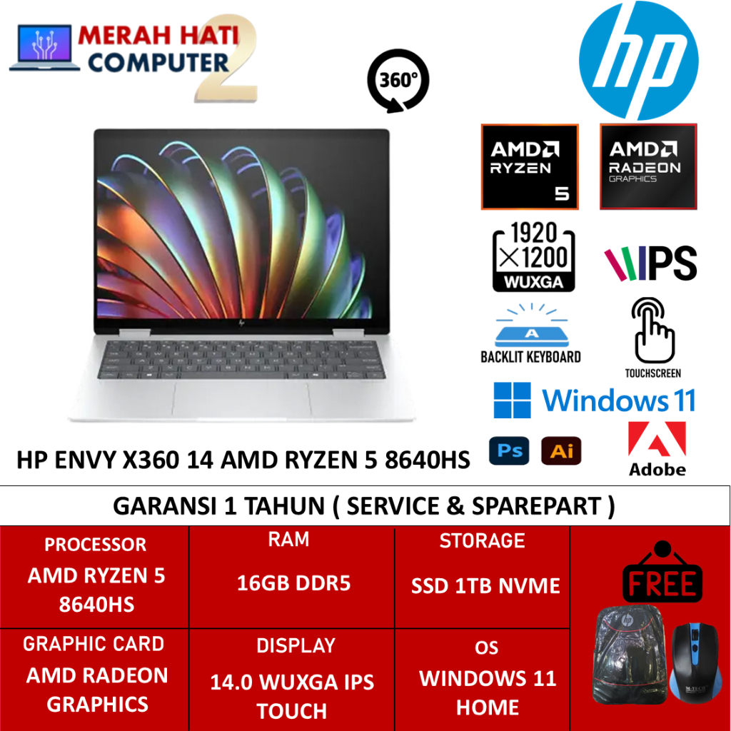 Laptop Flip Hp Envy X360 14 AMD Ryzen 5 8640HS 16GB DDR5 1TB Ssd WUXGA IPS Touch WIn11 Home