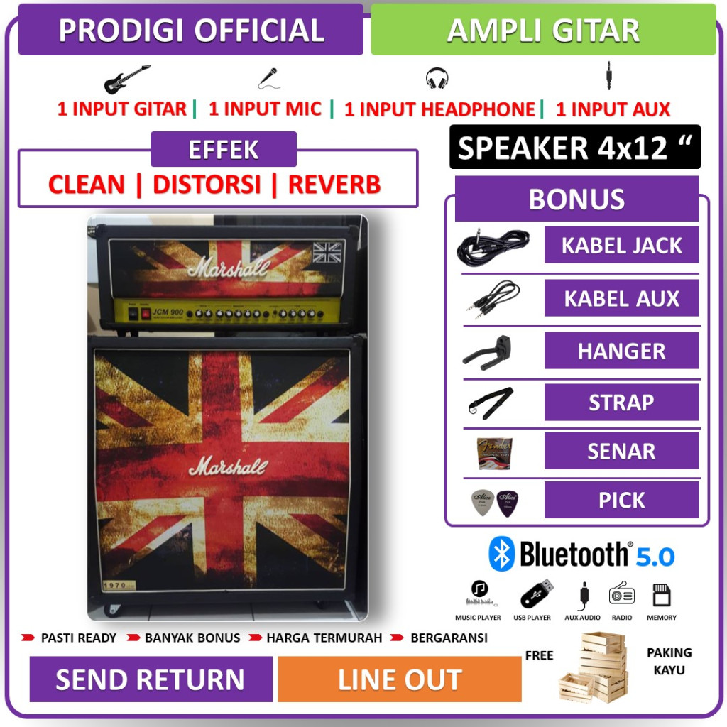 Ampli Gitar & Bass 4x12 Inch bluetooth bisa untuk karaoke 3 Input Marshall Head Cabinet Bonus Kabel 