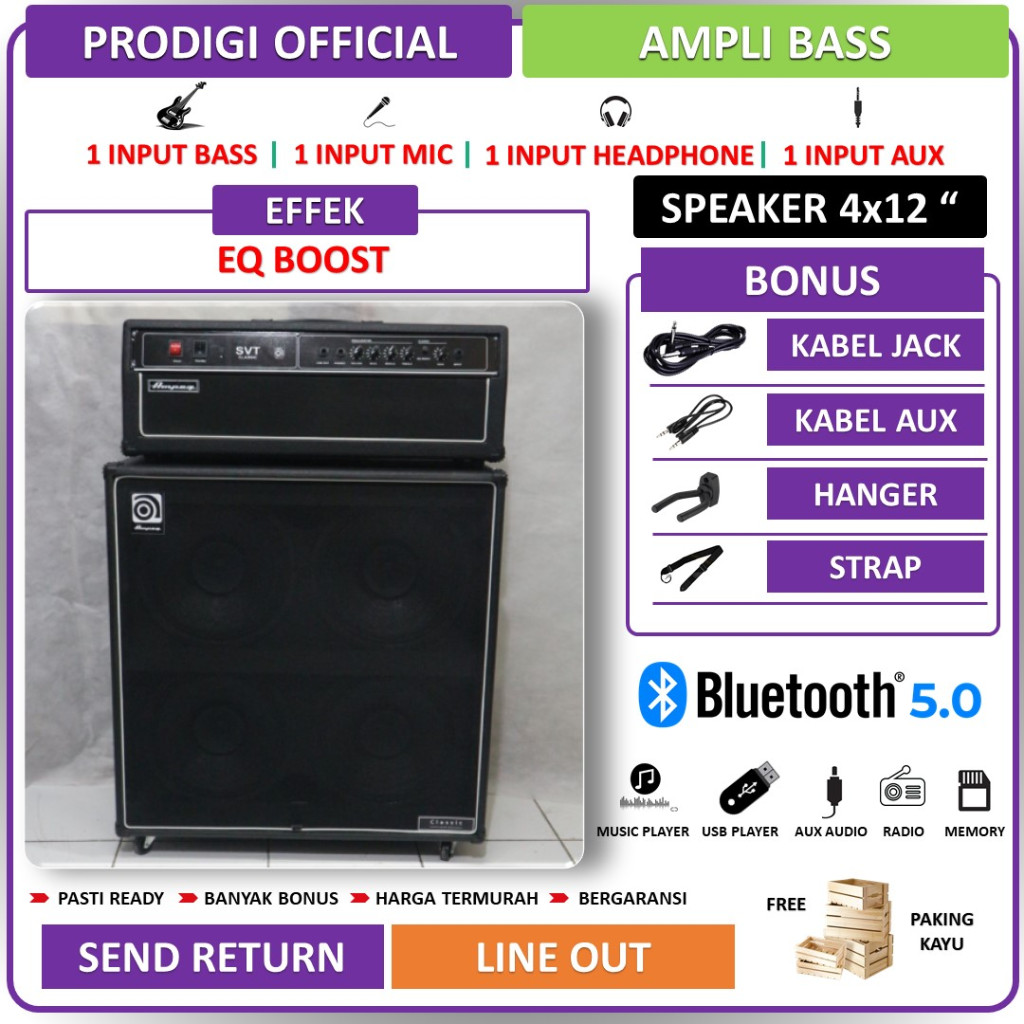 Ampli Bass 4x12 Inch bluetooth bisa untuk karaoke 3 Input Ampeg Head Cabinet Bonus Kabel Jack & Sena