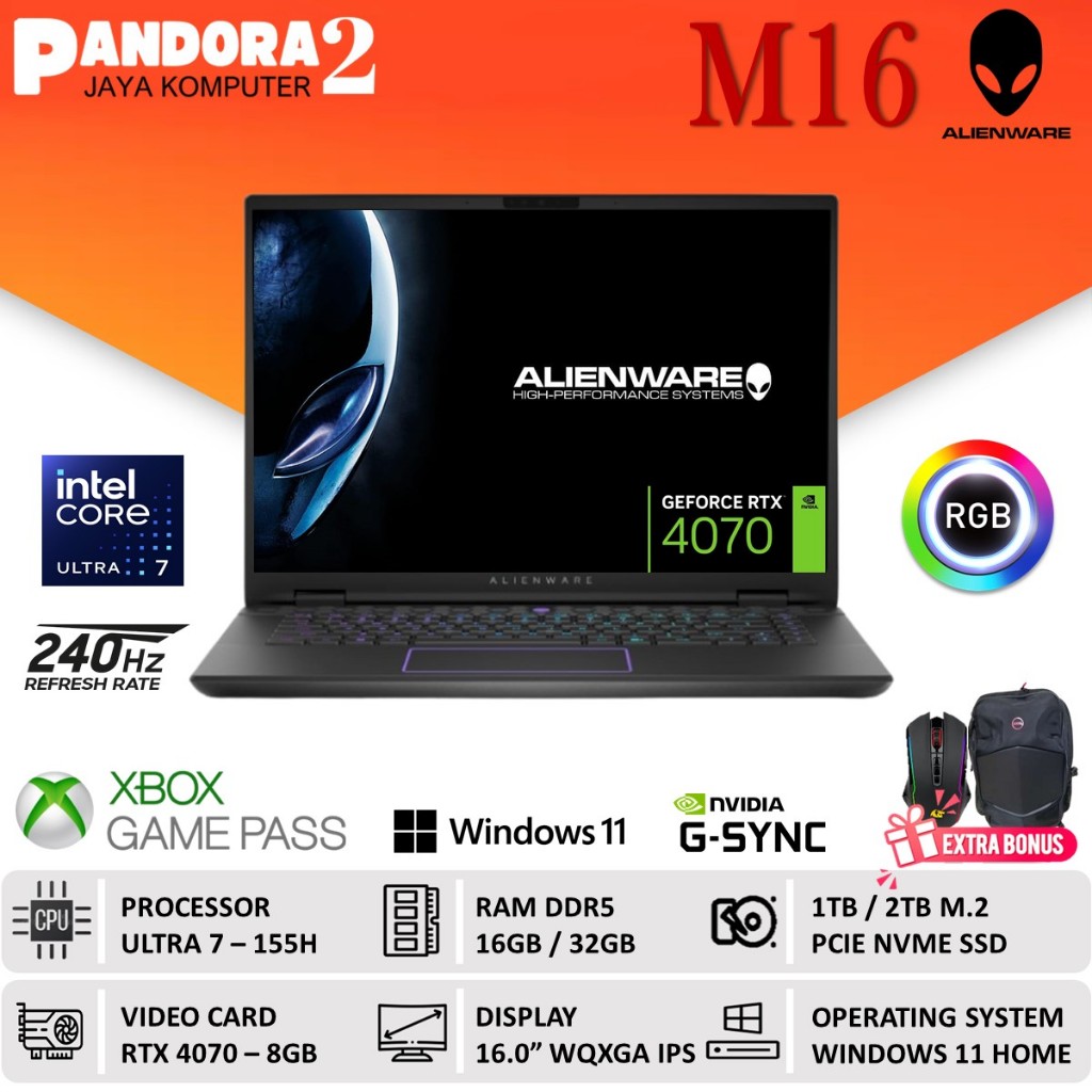 DELL ALIENWARE M16 R2 ULTRA 7 155H 64GB 2TB SSD RTX 4070 8GB 240HZ RGB BARU