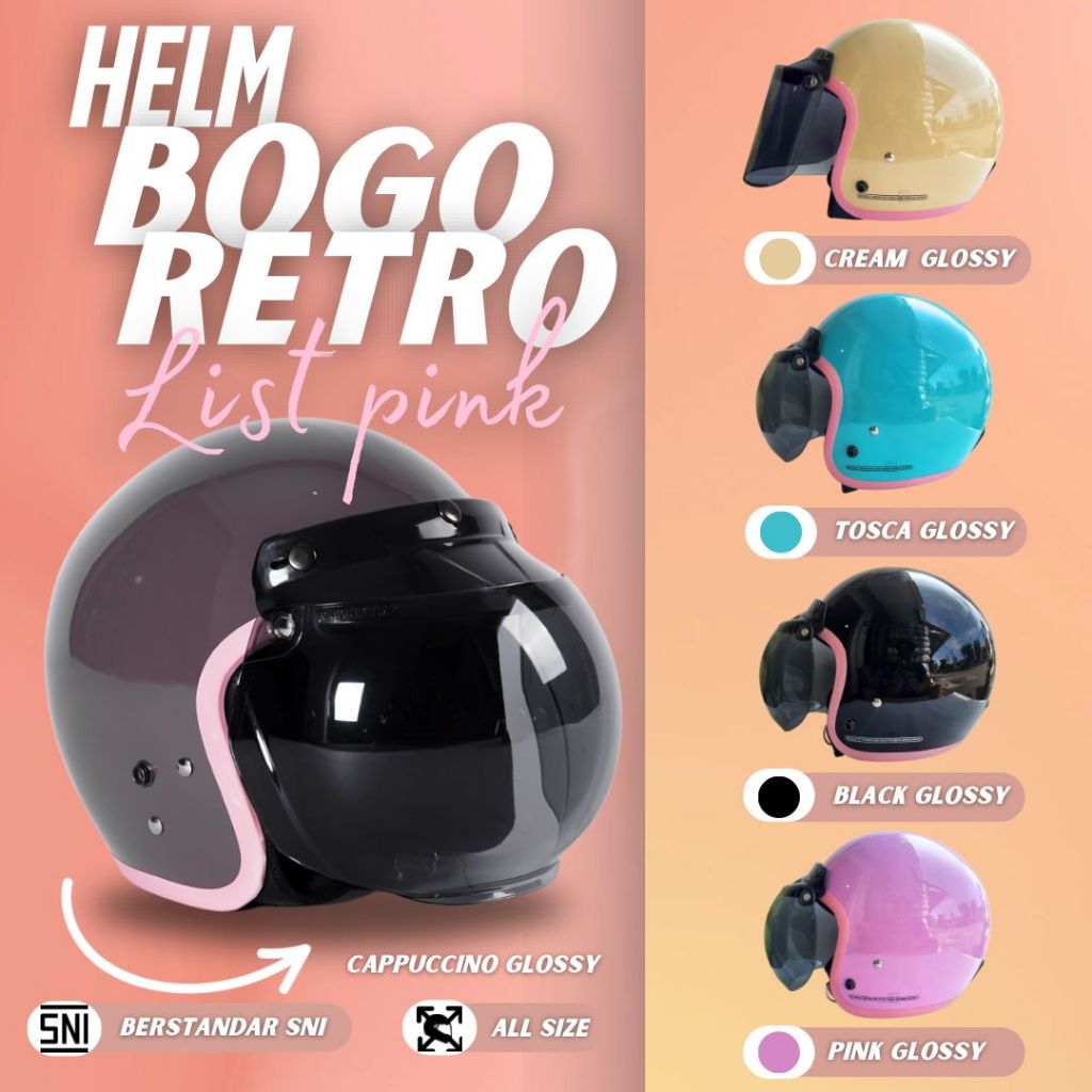 Helm Retro Bogo Classic Dewasa HDS HELMET SNI CG Motif List Pink POLOS SOLID