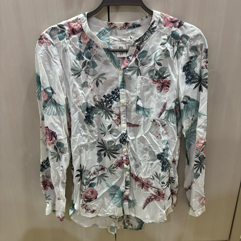 H&M Kids Girl Top Shirt Long Sleeve White Printed Pink Green Flower Bird - Baju Atasan Anak Perempua