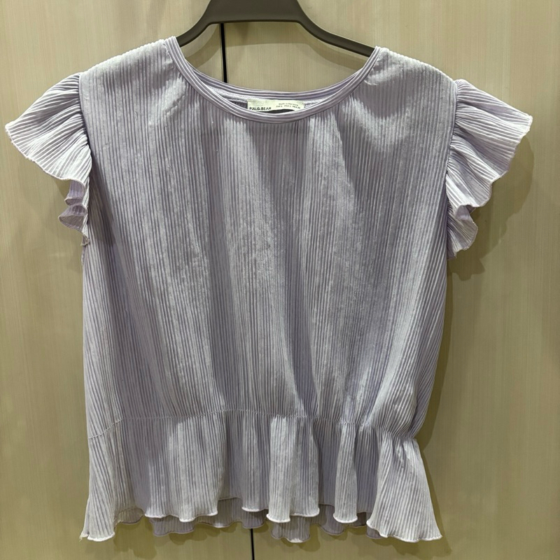 Pull & Bear Women Top Ribbed Blues Purple Lilac - Baju Atasan Wanita Renda Garis Ungu