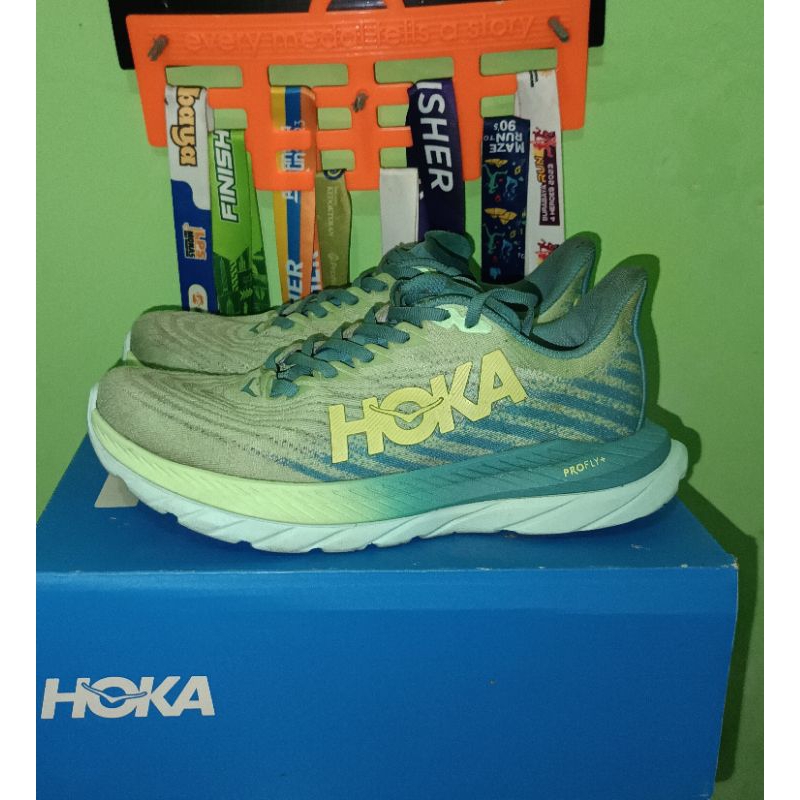 Preloved Second Hoka Mach 5 Lime Glow / Ocean Mist Running Shoes Sepatu Lari