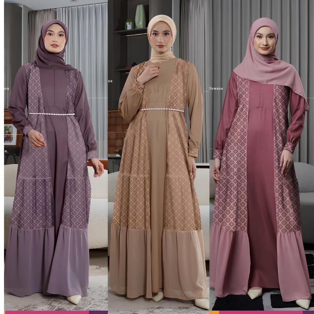 Nibras Gamis Sarimbit Raia Orchid Purple Sand Blush Rose Bahan Dobby Baby Doll Lace Anggun Terbaru