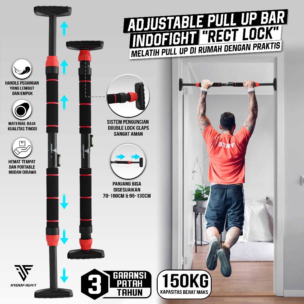 Adjustable Pull Up Bar Indofight 70-100cm Pullup Bar Pintu Alat Pull Up Di Rumah Tiang Pull Up Besi 