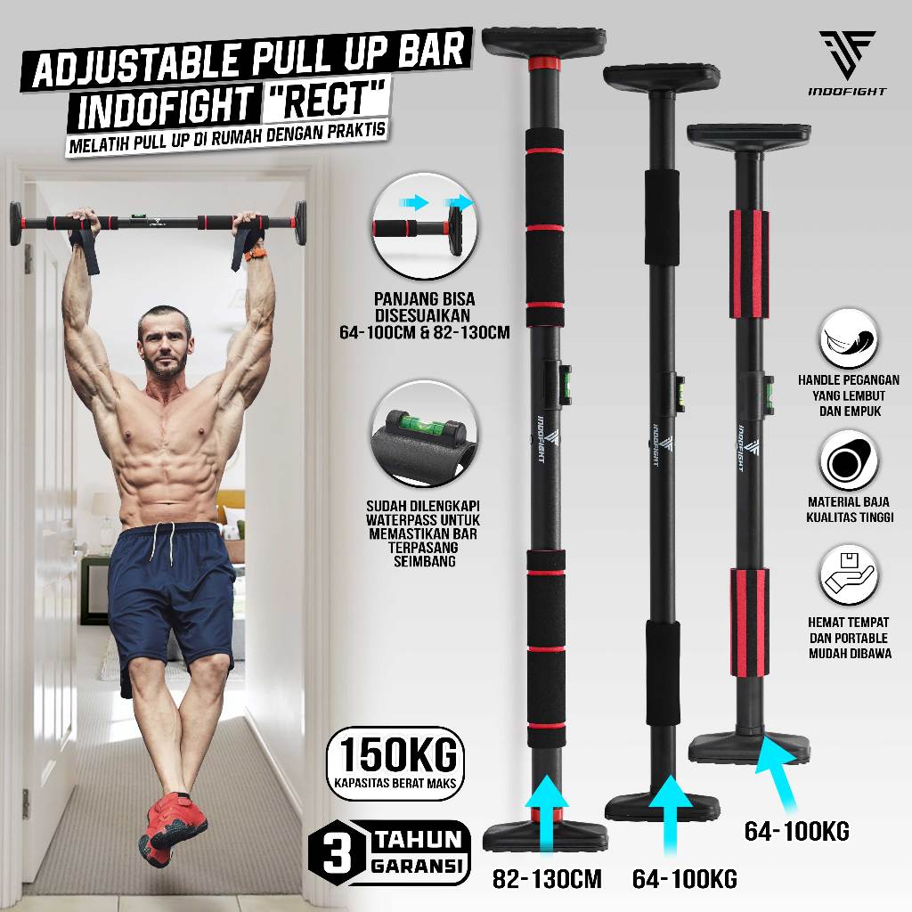 Adjustable Pull Up Bar Indofight 64-100cm Pullup Bar Pintu Alat Pull Up Di Rumah Tiang Pull Up Besi 