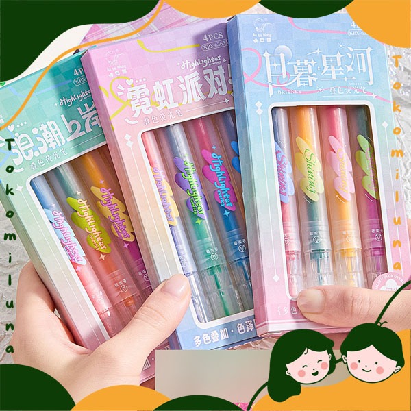 

1 set isi 4 pcs dual tip overlay highlighter lucu penanda bacaan dua macam ujung tip HB1943