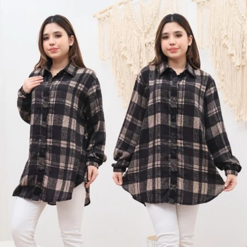 Semi-Tunik Kemeja Wanita Bahan Rayon Premium Motif Kotak Ld 110cm & Ld 120cm Oversize Lengan Panjang