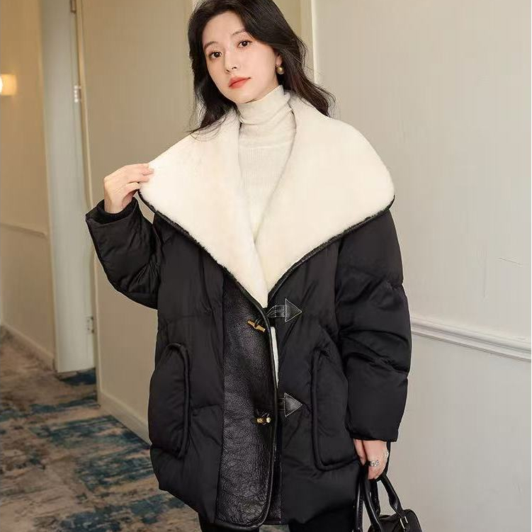 [90% bulu angsa putih] Jaket bulu angsa panjang sedang untuk wanita dengan kerah bulu