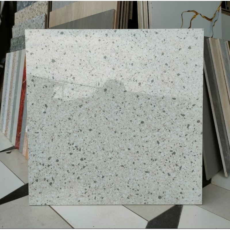 Granit lantai keramik 60x60 Motif terazzo grey Glazed Polished glossy kilap
