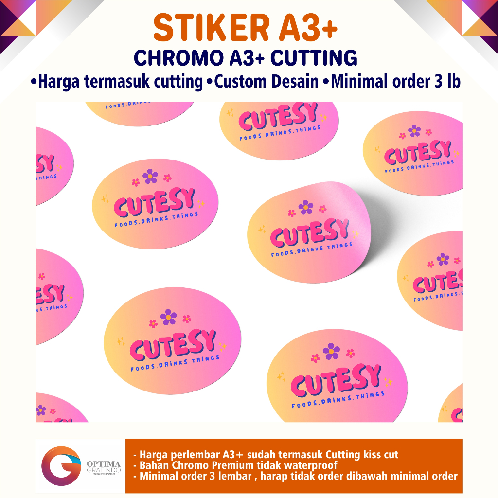 

Cetak Stiker Custom A3+ Cutting Stiker Chromo Kromo, Design bebas. Stiker label produk Stiker Makanan