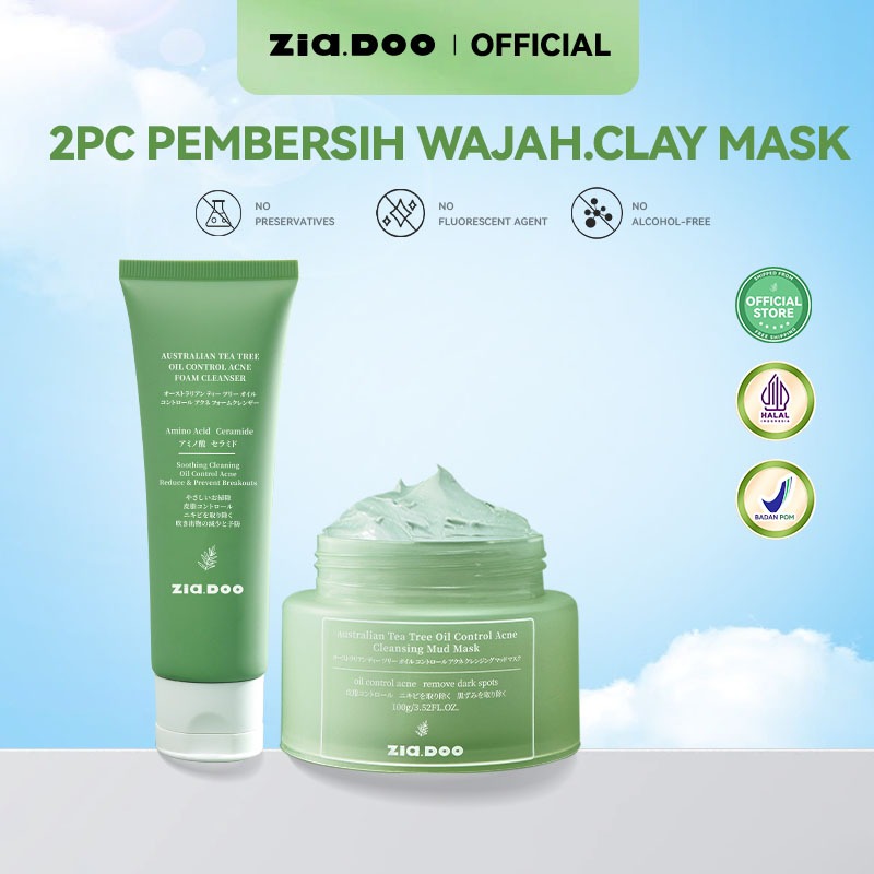ZIA.DOO Australian Tea Tree Anti Acne Oil Control Set – Clay Mask 100g + Cleanser Low pH 80g, Atasi 