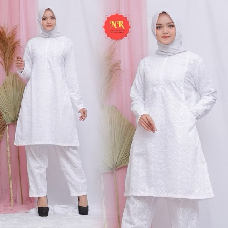 SETELAN CELANA WANITA PUTIH , PERLENGKAPAN HAJI UMROH WANITA ( Setelan sleting )
