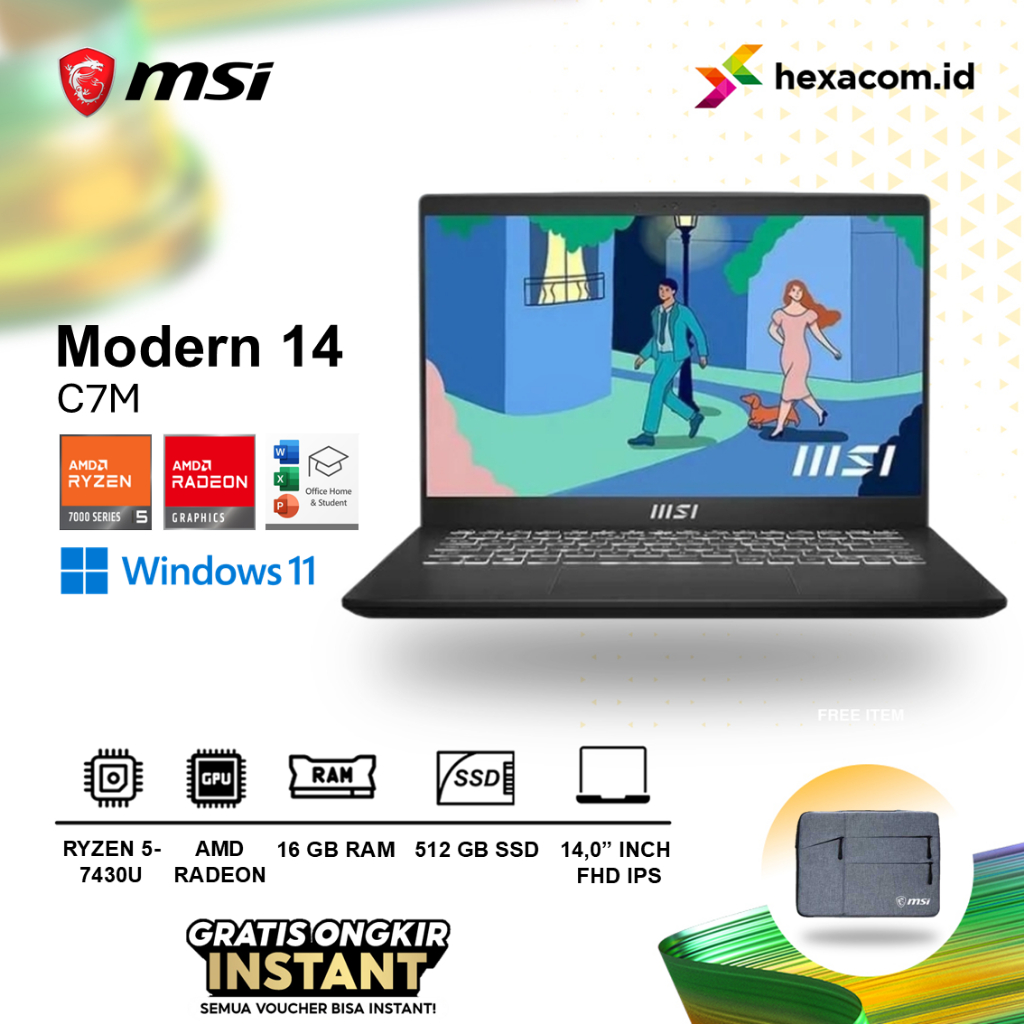 MSI Modern 14 Ryzen 5 7430U 16GB 512GB SSD 14.0" FHD IPS Win11