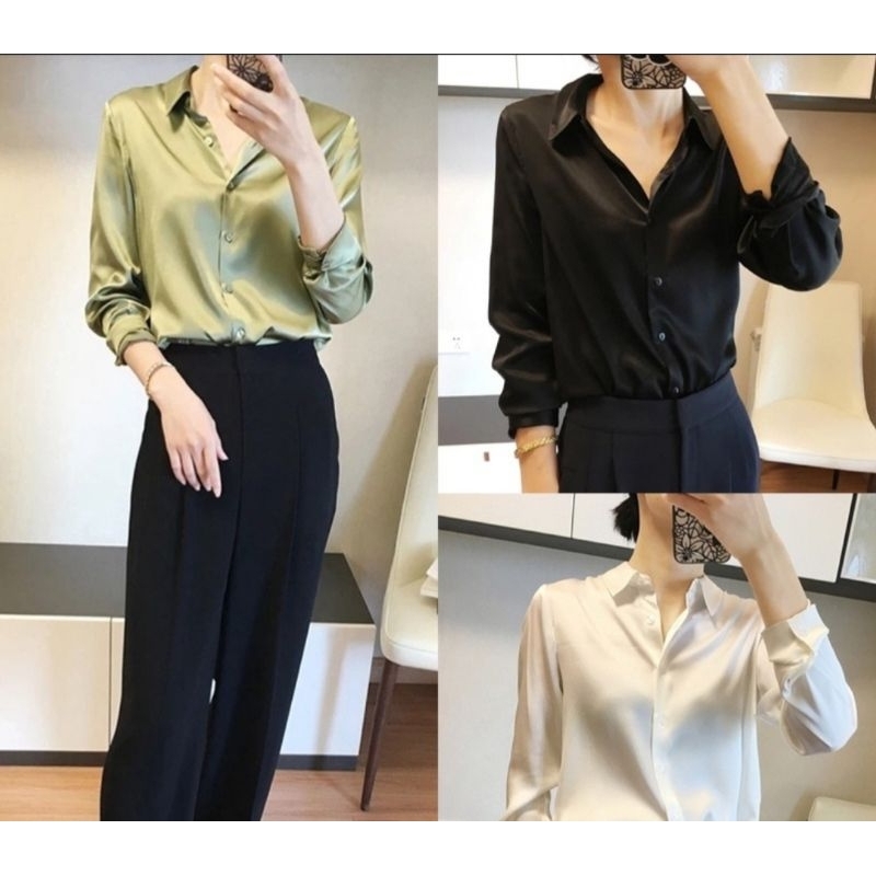 BISA COD ATASAN KEMEJA SATIN SILK PREMIUM | KEMEJA POLOS | KEMEJA SATIN WANITA | KEMEJA SATIN JUMBO
