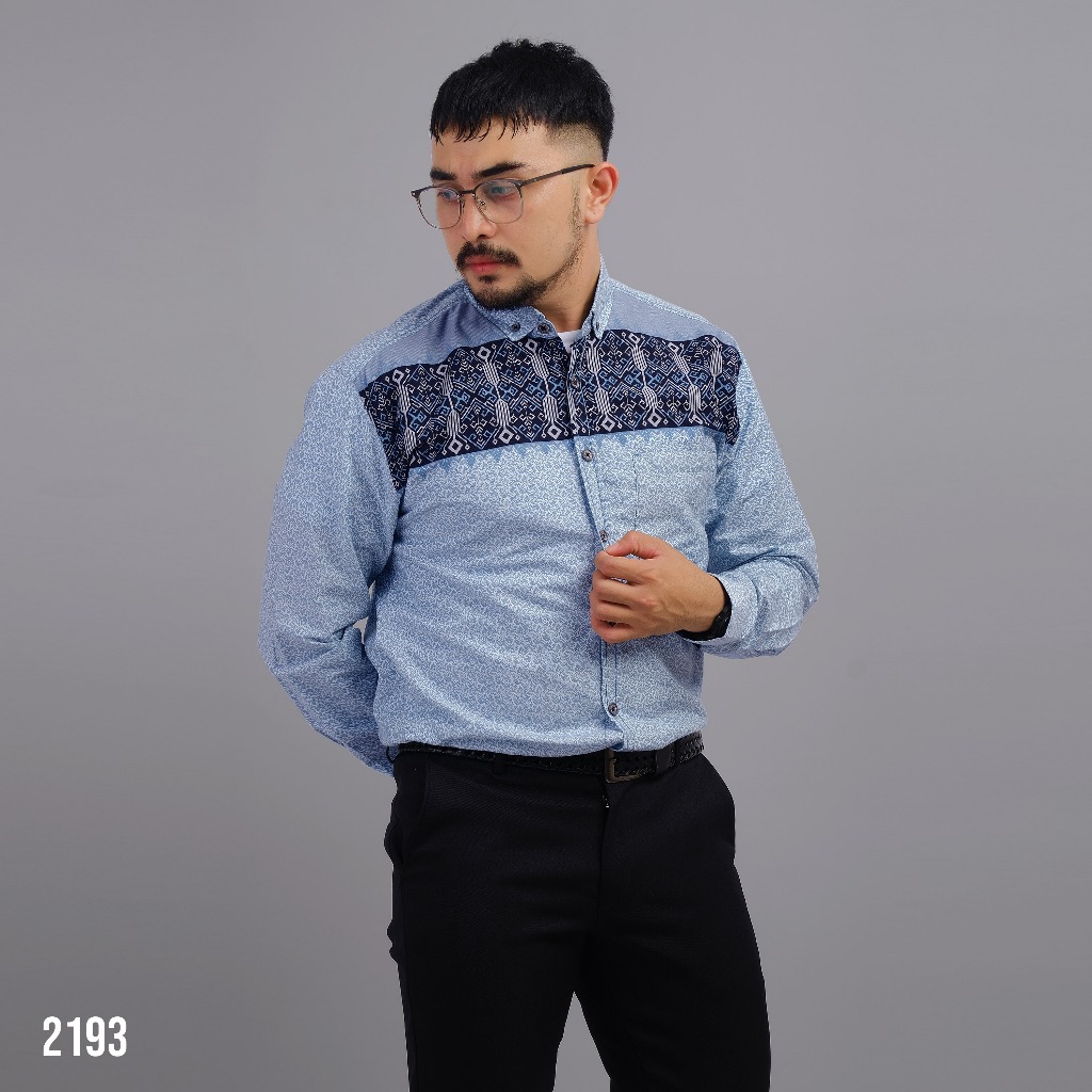 PAKAJI Kemeja Batik Pria Lengan Panjang Stretch Premium Batik Pria Motif Torpedo Biru Muda 2193