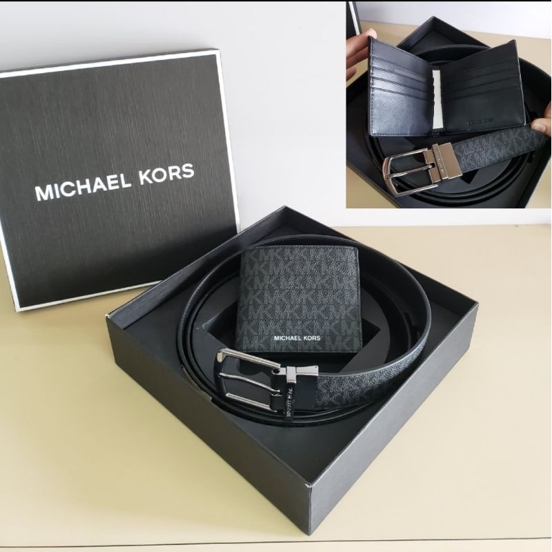 goft box Mk Signature Logo Bifold Wallet and Rversible Belt Gift Set,  Black