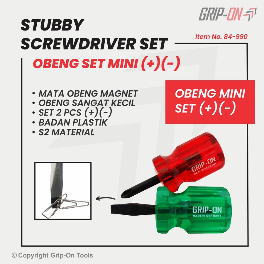 84-990 Grip-On Stubby Screwdriver Set by Grip On Tools Official - Mini Screwdriver Kit