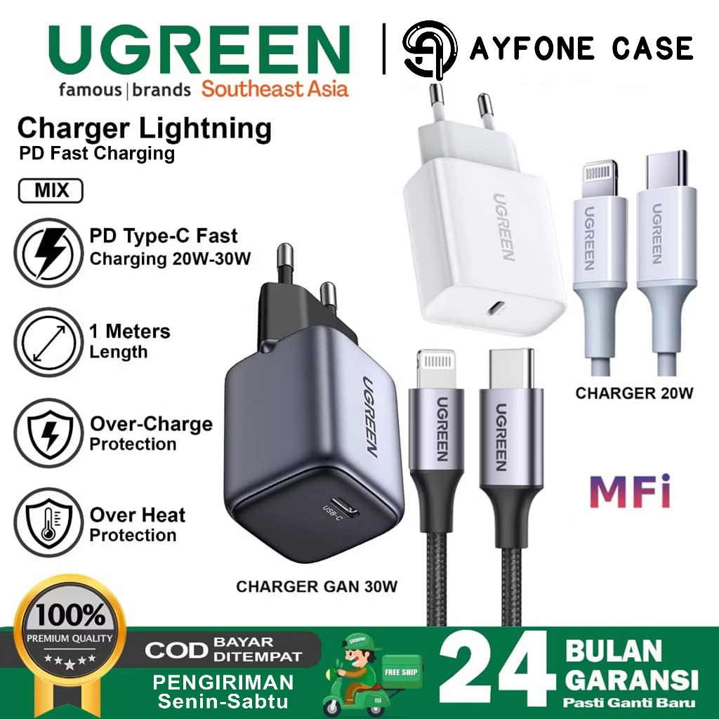 UGREEN Charger 1 Set GAN PD Type C To Lightning Fast Charging Untuk iPhone X XR 11 12 13 14 Pro Max 