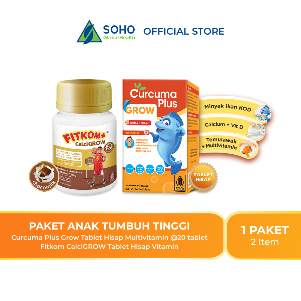 Paket Anak Tumbuh Tinggi (Curcuma Plus Grow Tablet 1 Botol & Fitkom Calcigrow 1 Botol)